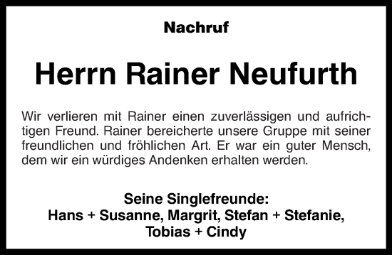Traueranzeige von Rainer Neufurth von Rhein-Zeitung