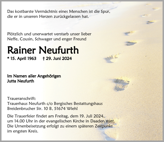 Traueranzeige von Rainerr Neufurth von Rhein-Zeitung