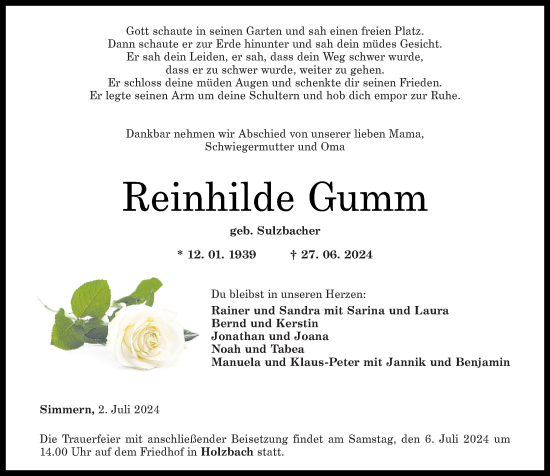 Traueranzeige von Reinhilde Gumm von Rhein-Hunsrück-Zeitung