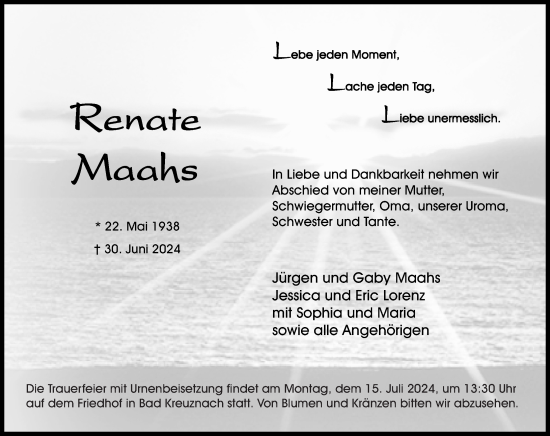 Traueranzeige von Renate Maahs von Oeffentlicher Anzeiger