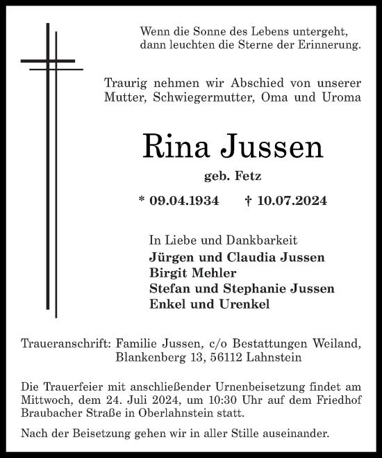 Traueranzeige von Rina Jussen von Rhein-Lahn-Zeitung