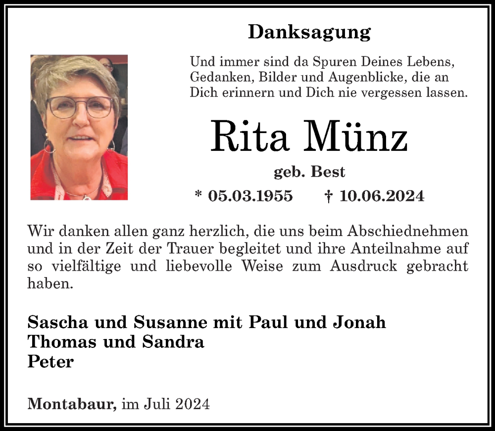  Traueranzeige für Rita Münz vom 06.07.2024 aus Westerwälder Zeitung