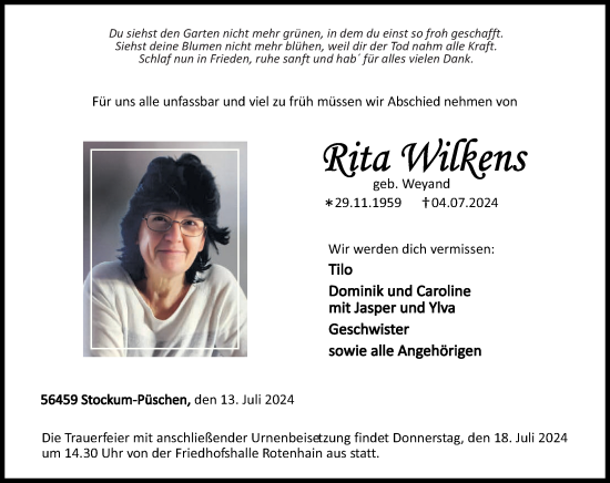 Traueranzeige von Rita Wilkens von Westerwälder Zeitung