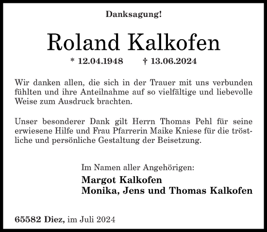 Traueranzeige von Roland Kalkofen von Rhein-Lahn-Zeitung