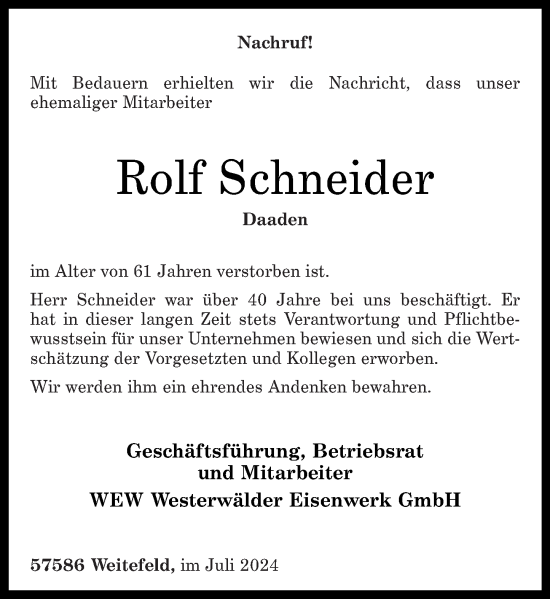 Traueranzeige von Rolf Schneider von Rhein-Zeitung