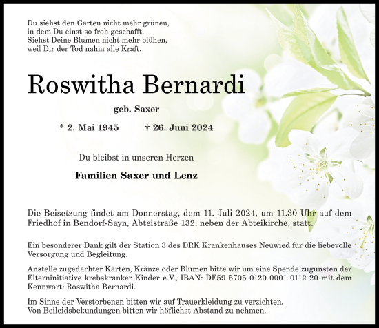 Traueranzeige von Roswitha Bernardi von Rhein-Zeitung