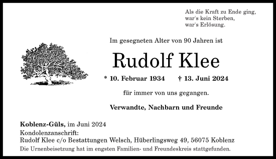Traueranzeige von Rudolf Klee von Rhein-Zeitung