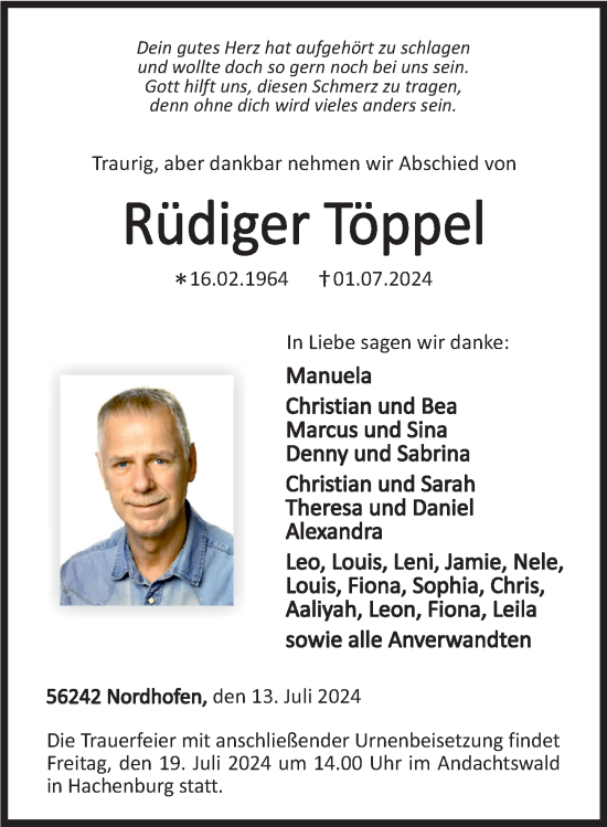 Traueranzeige von Rüdiger Töppel von Westerwälder Zeitung