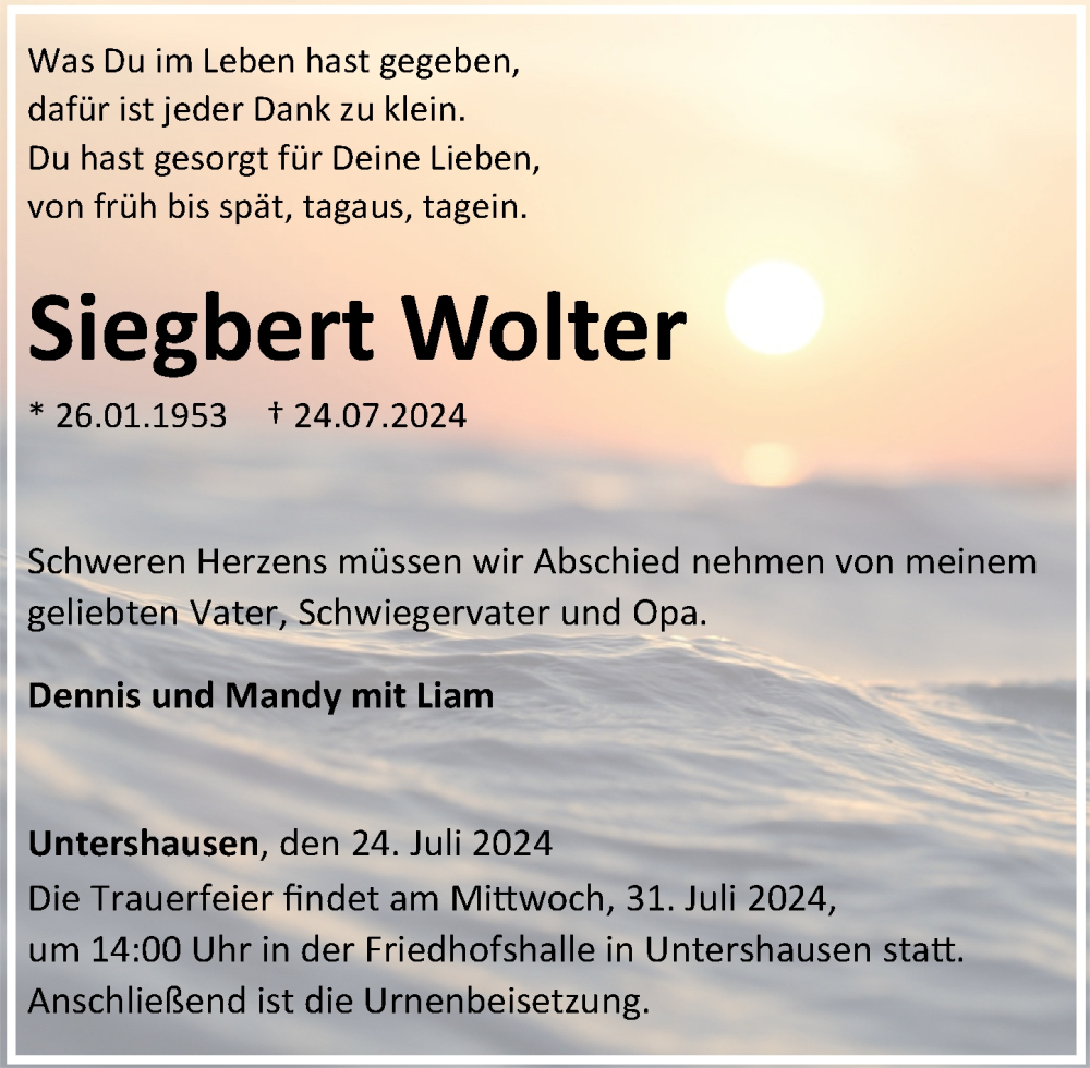  Traueranzeige für Siegbert Wolter vom 27.07.2024 aus Westerwälder Zeitung