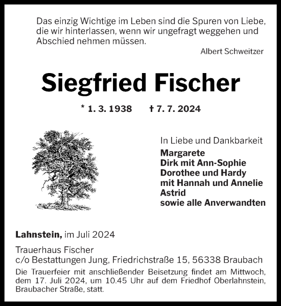 Traueranzeige von Siegfried Fischer von Rhein-Lahn-Zeitung