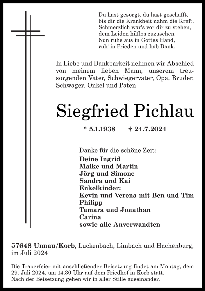  Traueranzeige für Siegfried Pichlau vom 26.07.2024 aus Westerwälder Zeitung