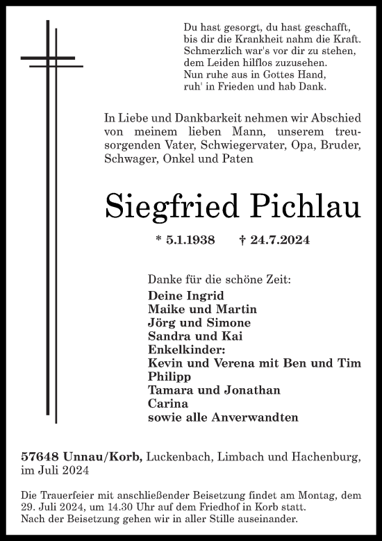 Traueranzeige von Siegfried Pichlau von Westerwälder Zeitung