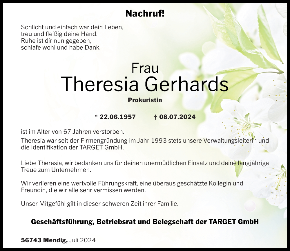  Traueranzeige für Theresia Gerhards vom 27.07.2024 aus Westerwälder Zeitung, Rhein-Zeitung