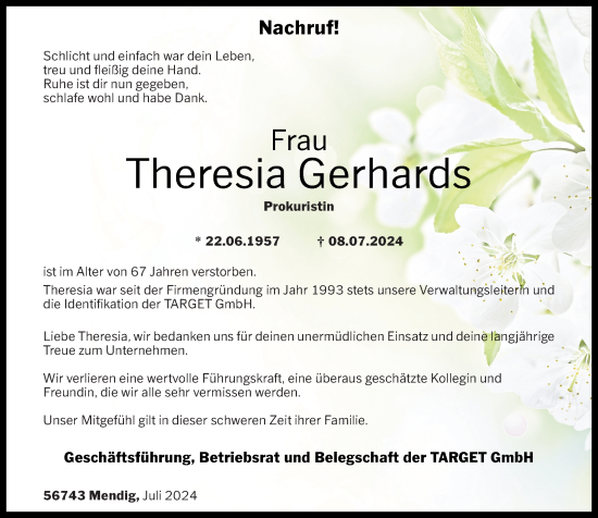 Traueranzeige von Theresia Gerhards von Westerwälder Zeitung, Rhein-Zeitung