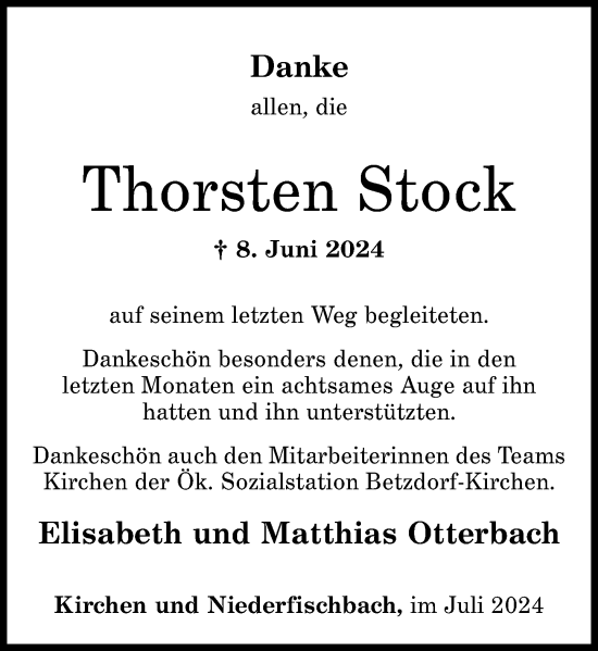 Traueranzeige von Thorsten Stock von Rhein-Zeitung