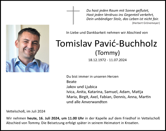 Traueranzeige von Tomislav Pavic-Buchholz von Rhein-Zeitung