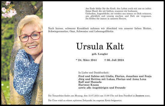 Traueranzeige von Ursula Kalt von Nahe-Zeitung