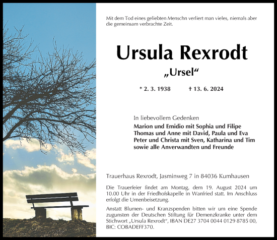 Traueranzeige von Ursula Rexrodt von Rhein-Zeitung