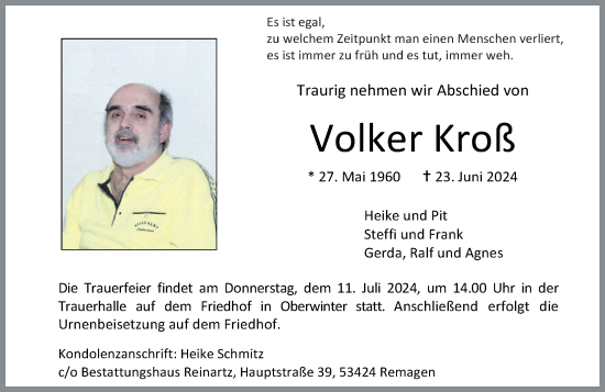 Traueranzeige von Volker Kroß von Rhein-Zeitung