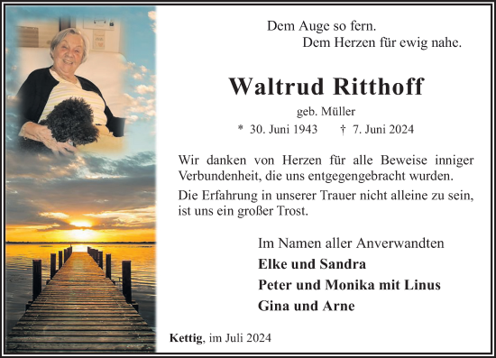 Traueranzeige von Waltrud Ritthoff von Rhein-Zeitung