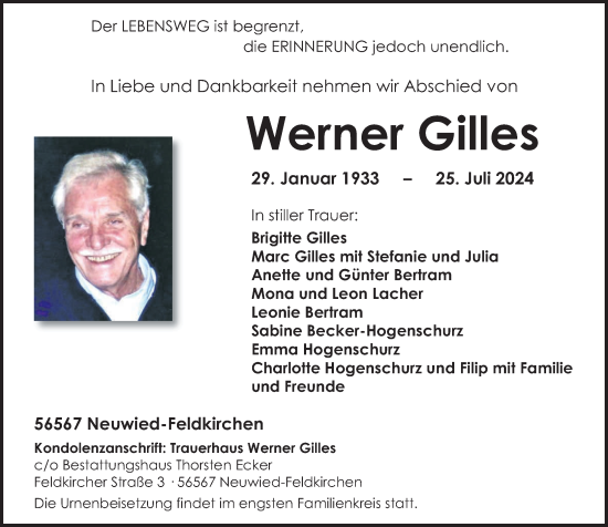 Traueranzeige von Werner Gilles von Rhein-Zeitung