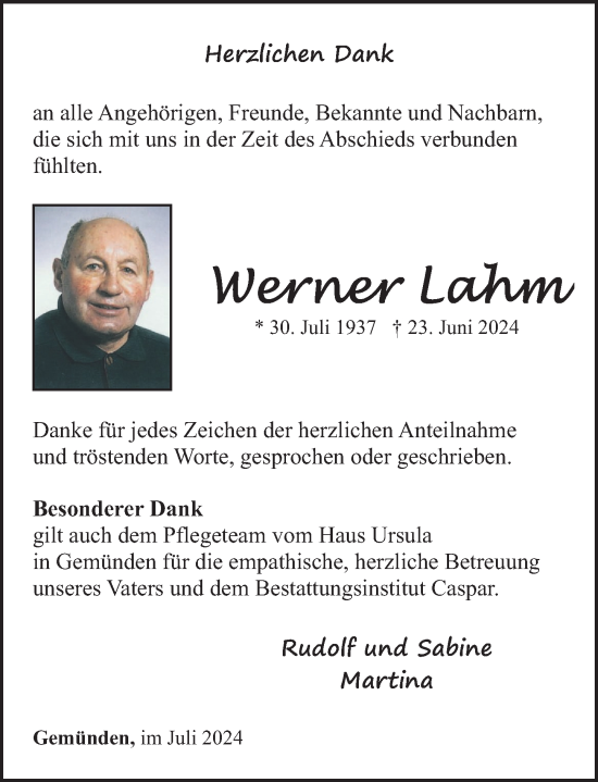 Traueranzeige von Werner Lahm von Rhein-Hunsrück-Zeitung