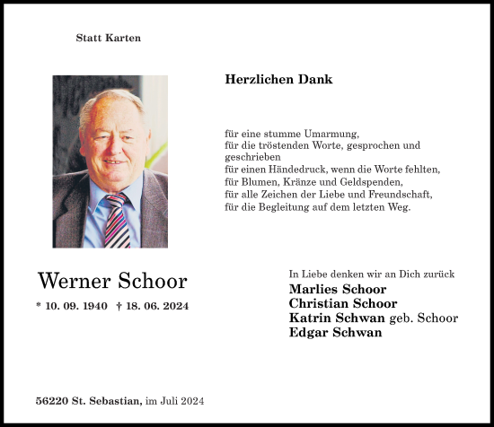 Traueranzeige von Werner Schoor von Rhein-Zeitung