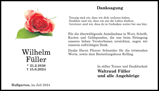 Traueranzeige von Wilhelm Füller von Oeffentlicher Anzeiger