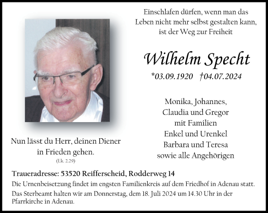 Traueranzeige von Wilhelm Specht von Rhein-Zeitung