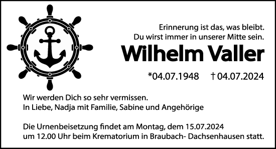 Traueranzeige von Wilhelm Valler von Rhein-Zeitung
