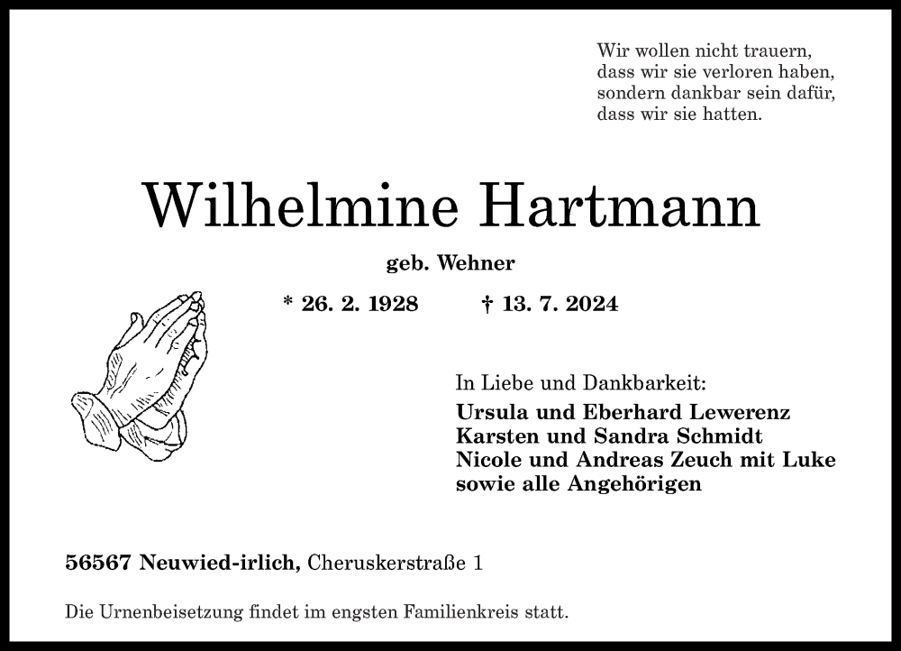  Traueranzeige für Wilhelmine Hartmann vom 20.07.2024 aus Rhein-Zeitung