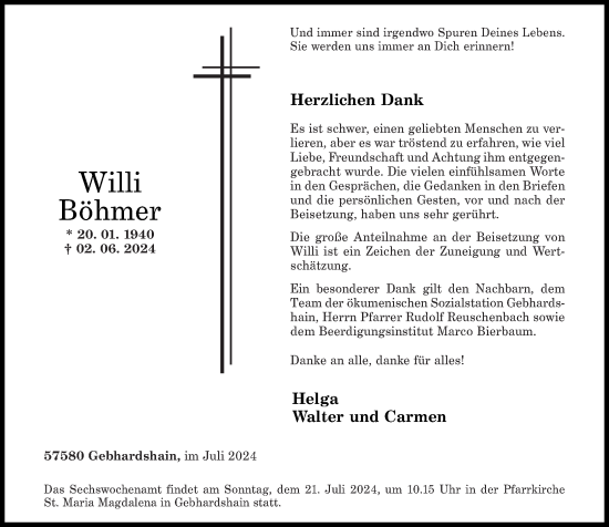 Traueranzeige von Willi Böhmer von Rhein-Zeitung