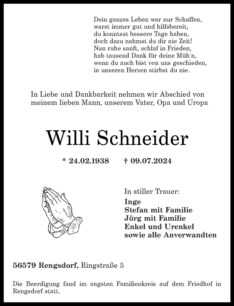  Traueranzeige für Willi Schneider vom 20.07.2024 aus Rhein-Zeitung