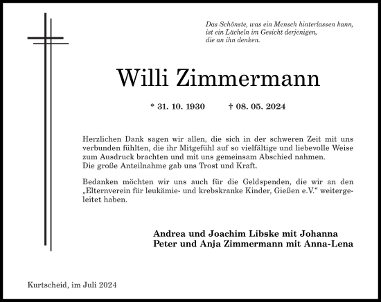 Traueranzeige von Willi Zimmermann von Rhein-Zeitung