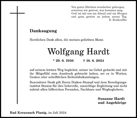 Traueranzeige von Wolfgang Hardt von Oeffentlicher Anzeiger
