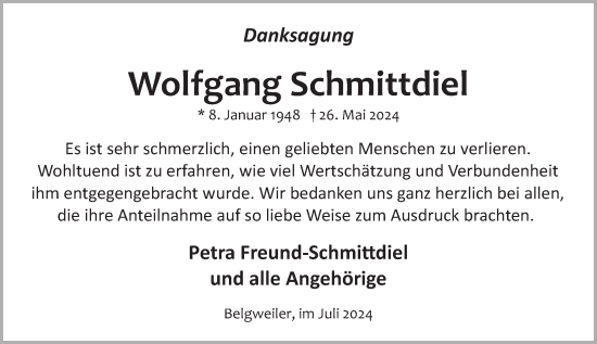 Traueranzeige von Wolfgang Schmittdiel von Rhein-Hunsrück-Zeitung