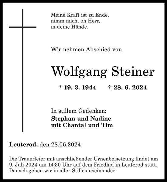 Traueranzeige von Wolfgang Steiner von Westerwälder Zeitung