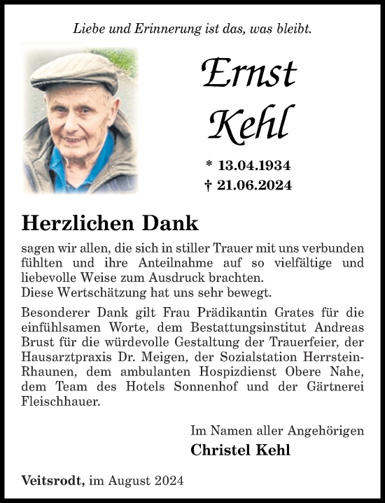 Traueranzeige von Ernst Kehl von Nahe-Zeitung