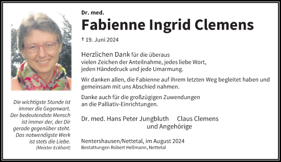 Traueranzeige von Fabienne Ingrid Clemens von Rhein-Zeitung