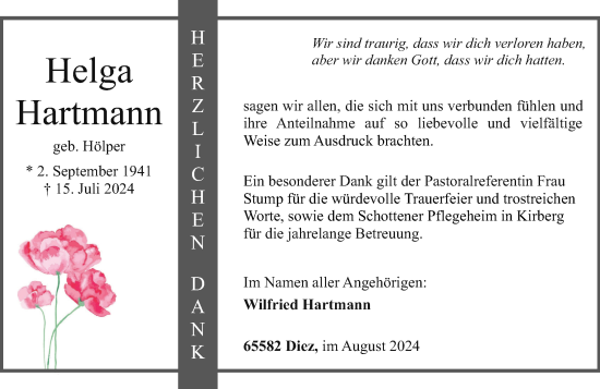 Traueranzeige von Helga Hartmann von Rhein-Lahn-Zeitung