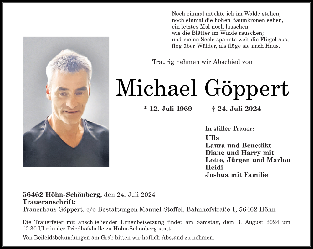  Traueranzeige für Michael Göppert vom 31.07.2024 aus Westerwälder Zeitung