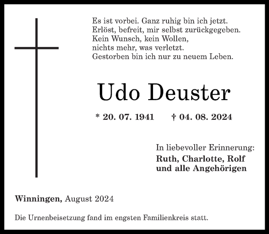 Traueranzeige von Udo Deuster von Rhein-Zeitung