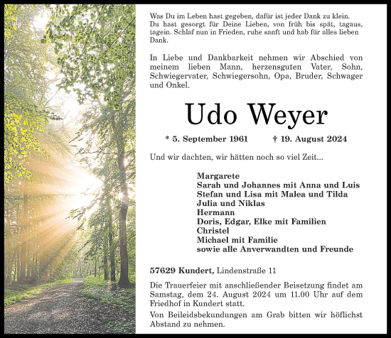 Traueranzeige von Udo Weyer von Westerwälder Zeitung