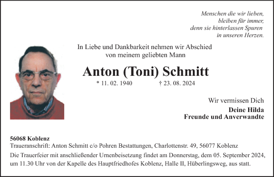 Traueranzeige von Anton Schmitt von Rhein-Zeitung, Westerwälder Zeitung