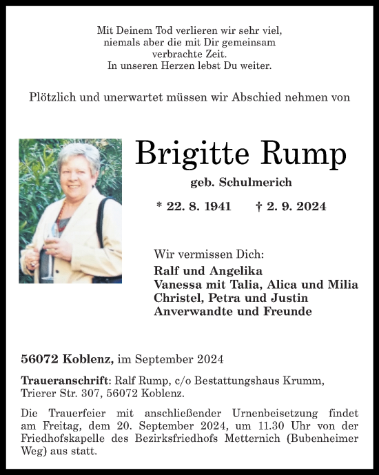 Traueranzeige von Brigitte Rump von Rhein-Zeitung