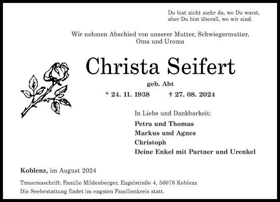 Traueranzeige von Christa Seifert von Rhein-Zeitung