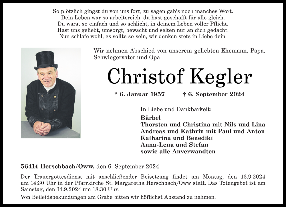  Traueranzeige für Christof Kegler vom 11.09.2024 aus Westerwälder Zeitung