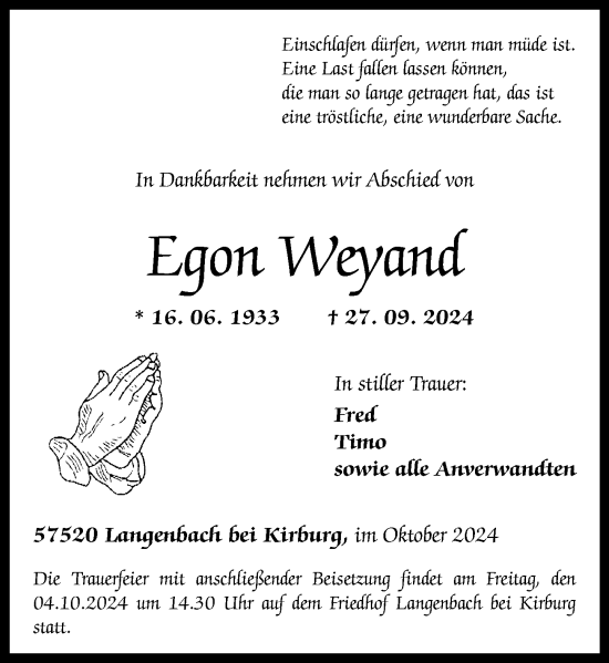 Traueranzeige von Egon Weyand von Westerwälder Zeitung, Rhein-Zeitung