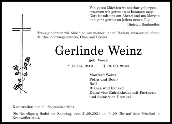 Traueranzeige von Gerlinde Weinz von Nahe-Zeitung