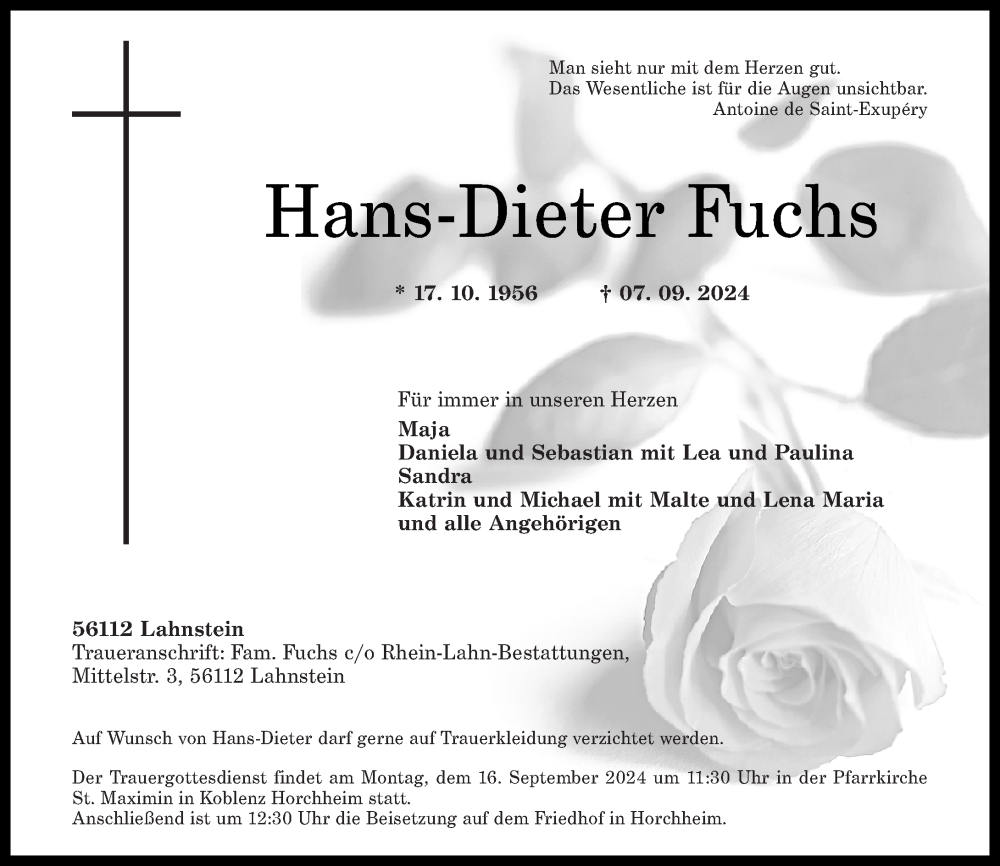  Traueranzeige für Hans-Dieter Fuchs vom 11.09.2024 aus Rhein-Zeitung